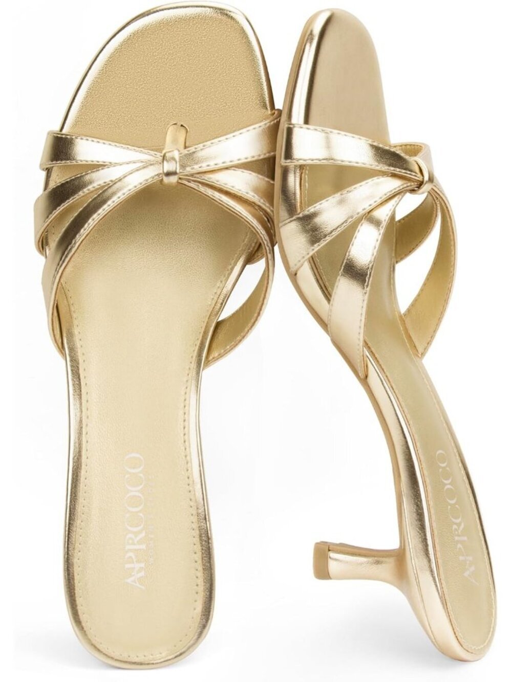 Women’s Strappy Kitten Heels Sandals Gold Flip Flops Open Round Toe Heel Slip On